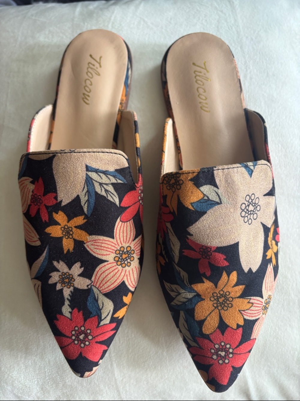 Floral Pointed Slip-On Mules in Black Multi